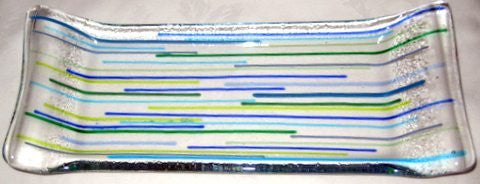blue and yellow striped glass tray