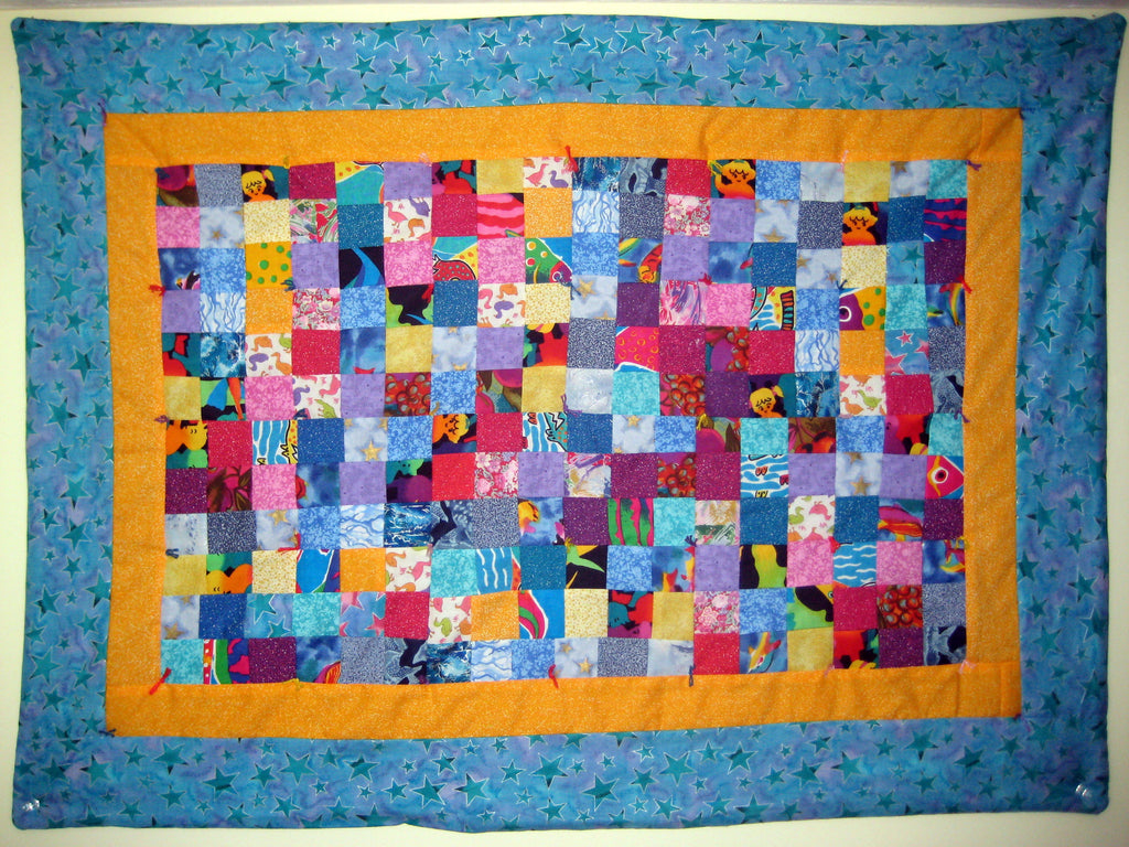 patchwork quilt with multicolored squares